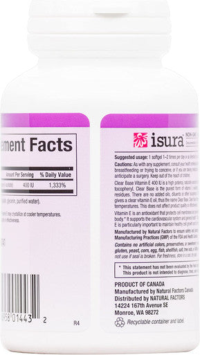 Natural Factors Clear Base Vitamin E 400 IU Antioxidant Support for Cardiovascular and General Health 60 softgels 60 servings