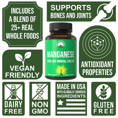 Manganese Supplement Food Like Mineral Chelated For Superior Absorption With Whole Food Blend Of 25+ Fruits & Vegetables. Pure