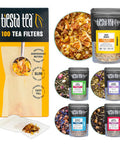 Tiesta Tea - Loose Leaf Starter Kit | Premium Starter Kit Sampler | High to Non Caffeinated | Make Hot & Iced Tea | Starter Kit with Black Green Herbal Tea Sample Bags and 100 Disposable Tea Filters