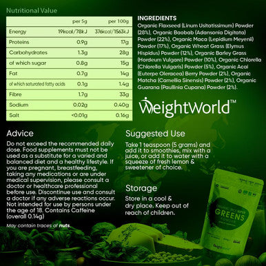 Weightworld Organic Super Greens Powder 200g (40 Servings) Vitamins & Mineral Rich Green Powder - Soil Association - Blend of Greens and Superfood Powder - GMO & Alkaline Superfood Powder