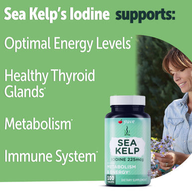 Yuve Thyroid Support For Women, Iodine Supplements For Thyroid, 225Mg - Natural Metabolism & Energy, Organic Seaweed From North Atlantic Ocean, Plant-Based, Non-Gmo - 100 Tablets