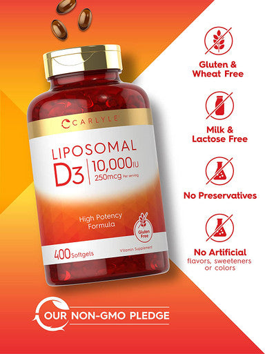 Carlyle Liposomal Vitamin D3 | 10,000 iu | 400 Softgels | Non-GMO and Gluten Free Formula | High Potency Vitamin D Supplement