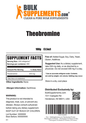 BulkSupplements Theobromine Powder - Dietary Supplement for Energy Support - Unflavored, - 250mg s, 400 Servings (100 Grams - 3.5 oz)