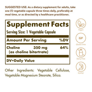 Solgar Choline 350 Mg 100 Vegetable Capsules Supports Healthy Brain and Cellular Function Vegan Gluten And Dairy Free Kosher 100 Servings
