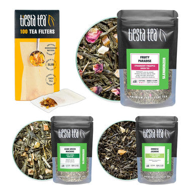 Tiesta Tea - Green Tea Starter Kit | Premium Loose Leaf Green Tea Set | Medium Caffeinated Tea | Make Hot or Iced Tea | Tea Assortment with 3 Loose Leaf Tea Samplers & 100 Disposable Tea Filters