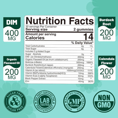 Dim Supplement Women 400Mg, Estrogen Supplement For Women, Sugar Dim Gummies For Men & Women W/ Biotin, Flaxseed Oil, Burdock, Calendula, Bioperine For Hormone Balance, Menopause & Prostate 60Cts