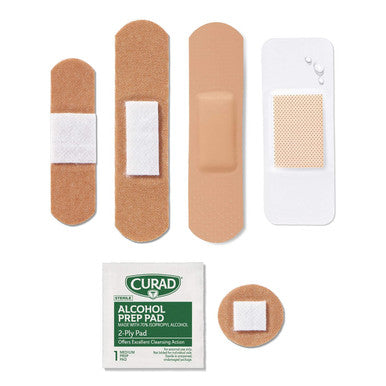 Curad First Aid Portable Pack Ideal for Travel Carry-on Backpacks Water Resistant Pouch Variety Size Bandages Alcohol Swabs 12 Packs