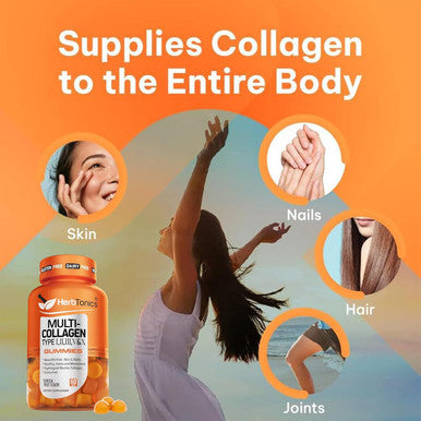 Herbtonics Multi Collagen For Women - Biotin Gummies For Hair Skin & Nails - Hydrolyzed Collagen Supplements For Women - Supports Hair Growth & Healthier Skin - 60 Gummies