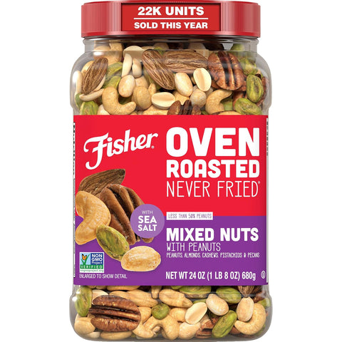 Fisher Oven Roasted Never Fried Deluxe Mixed Nuts, 24 Ounces | Pack Of 1, Almonds, Cashews, Pecans, Pistachios, Healthy Snacks For Adults, Made With Sea Salt, No Added Oil, Gluten Free
