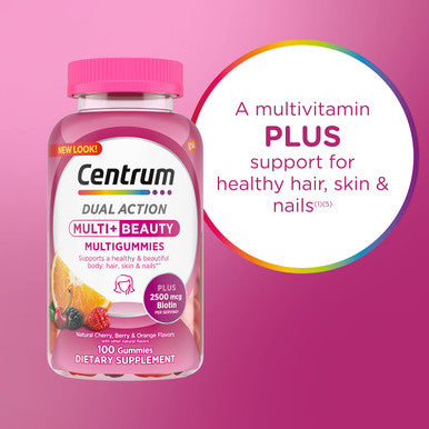 Centrum Multigummies Multi+ Beauty Dual Action Multivitamin Specially Designed With Biotin For Healthy Hair Skin And Nails Cherry/Berry/Orange Flavors - 100 Count
