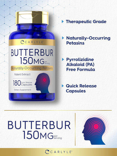 Carlyle Butterbur 150 mg | 180 Capsules | Potent Extract | Neurological Support Supplement | Non-GMO Gluten PA