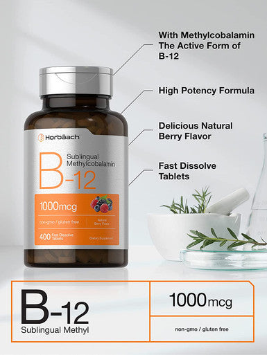 Horbaach Vitamin B12 Sublingual 1000 mcg 400 Fast Dissolve Tablets Methylcobalamin Supplement for Adults Natural Berry Flavor Vegan Vegetarian Non GMO and Gluten Free