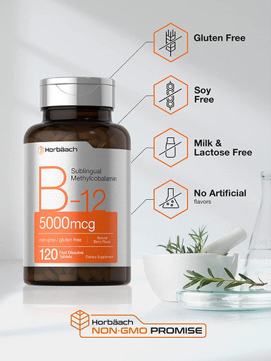 Horbaach B12 Sublingual Methylcobalamin 5000mcg 120 Fast Dissolve Tablets Vegetarian Non-GMO and Gluten Free Supplement by Horbaach