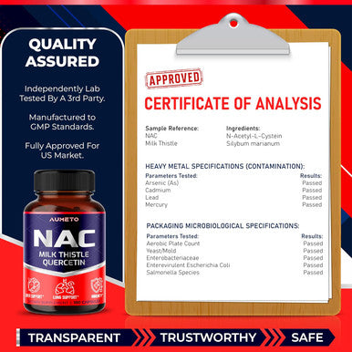 Aumeto Nac Supplement N-Acetyl-L-Cysteine - Enhanced with Milk Thistle + Quercetin for Optimal Immunity Respiratory Liver Wellness (180 Count (Pack of 1))
