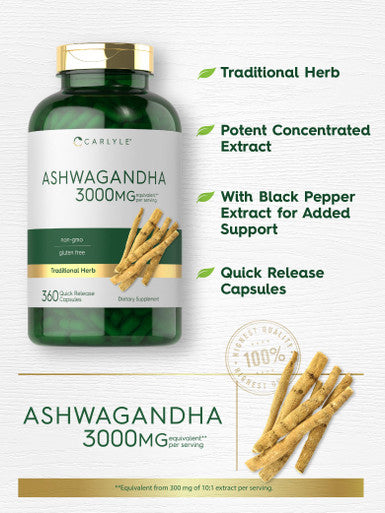 Ashwagandha Supplement 3000Mg | 360 Capsules | Root Extract Supplement | Non-Gmo, Gluten Free | By Carlyle