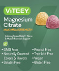 Magnesium Citrate Gummies For Adults & Teens - Maximum Strength 255Mg, Supports Calm Mood, Optimal Relaxation, Muscle Function - Vegan, Gelatin - Tasty Chewable Raspberry & Peach Flavored Gummy