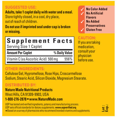 Nature Made Vitamin C 500 Mg With Rose Hips Dietary Supplement For Immune Support 130 Caplets 130 Day Supply