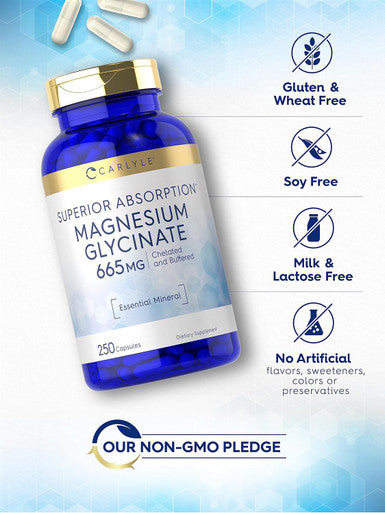 Carlyle Magnesium Glycinate | 665 mg | 250 Capsules | Non-GMO and Gluten Formula | Essential Buffered Mineral Supplement