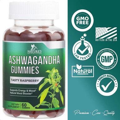 Ashwagandha Gummies - Relax, Calm, Unwind with Potent Mood & Stress Support Vitamins - Vegan Friendly, Non-GMO, Plant-Pectin Based - Delicious Raspberry Flavor Chews for Women & Men - 60 Gummies