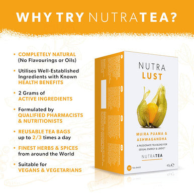 Nutra Tea NutraLust - Helping To Improve Passion & Stamina - Containing Ashwagandha Muira Puama and Ginseng - 40 Enveloped Tea Bags - by NutraTea - Herbal Tea - (2 Pack)