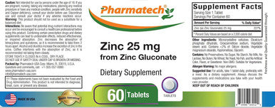 Zinc Gluconate 25 Mg Chelated Elemental Zinc, Immune Support Supplement Mineral Antioxidant For Vegetarians, Acne, Easy To Swallow, 60 Tablets, By PharmatechÃƒâ€šÃ‚Â®