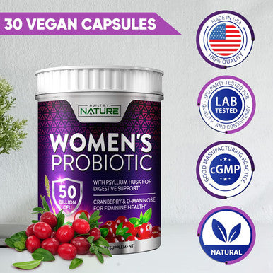 Built Nature Probiotics For Women 50 Billion Cfu, 9 Probiotic Strains With Prebiotics, Cranberry & D-Mannose, Digestive, Immune, Vaginal & Urinary Health, Shelf Stable, Delayed Release, 30 Veggie Capsules