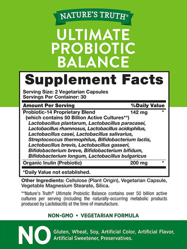 Probiotic 50 Billion CFU | 200mg Prebiotics | 60 Capsules | Vegetarian, Non GMO & Gluten Supplement for Men and Women | Supports Digestive Balance | by Nature's Truth