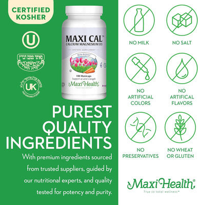 Maxi Health Calcium 1000 Mg Supplement With Vitamin D3 (1000 Iu) And Magnesium (500 Mg) - Bone, Teeth And Joint Support For Men And Women - 180 Capsules - Maxi Cal