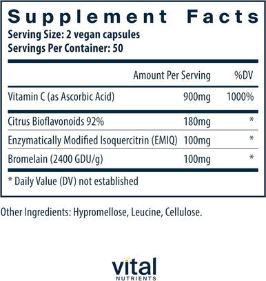 Vital Nutrients Aller-C | Vegan Respiratory and Sinus Function Support| Isoquercitrin Bromelain Bioflavonoids & Vitamin C | Gluten Dairy Soy Supplement | 100 Capsules