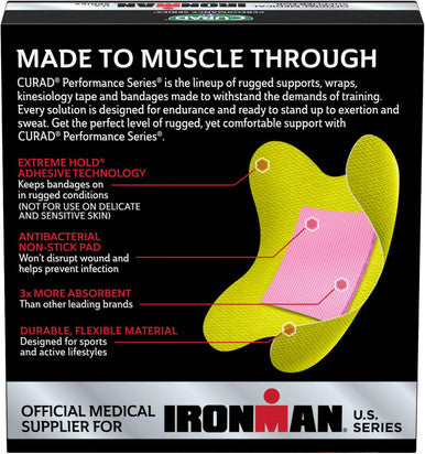 Curad Performance Series IRONMAN Antibacterial Bandages Extreme Hold Adhesive Technology Knee & Elbow 3 inches x 3 inches 10 Count Ideal for Cuts Scrapes Sports and Active Lifestyles