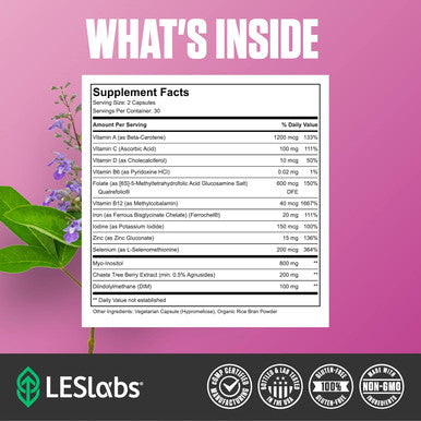 Les Labs Fertility Health Cycle Regulation Ovulation & Fertility Support Hormonal Balance Ovarian Health Myo-Inositol Vitex Chaste Tree DIM & Folate Non-GMO Supplement 60 Capsules