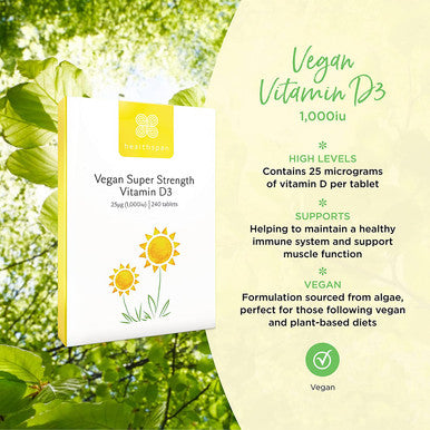 Healthspan Vegan Vitamin D3 1,000iu | 240 Tablets | Immune Support | 25ug Vitamin D | Healthy Muscles, Bones & Teeth | Vegan