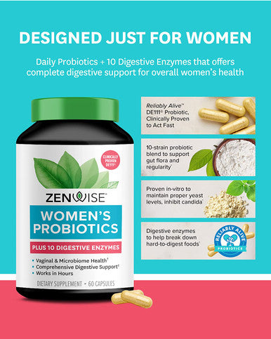 Zenwise Probiotics for Women Probiotics Digestive Enzymes for Vaginal Health and Daily Gut Flora Health. Reliably Alive Probiotics for Digestive Health Wellness 60 Count