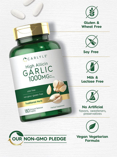 Carlyle High Allicin Garlic Supplement | 180 Caplets | Odorless Garlic Pills | Vegetarian, Non-GMO, Gluten Free