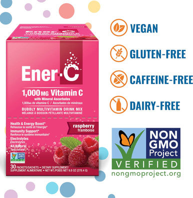 Ener-C Raspberry Multivitamin Drink Mix Powder Vitamin C 1000Mg & Electrolytes With Real Fruit Juice Natural Energy & Immune Support For Women & Men - Non-Gmo Vegan & Gluten - 60 Count