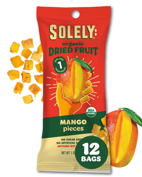 SOLELY - Organic Dried Fruit Mango Pieces (1 Box, 12 Single Serving Bags per Box) - Real Fresh Fruit - Healthy Snacks for Adults & Kids - Non GMO, Vegan Snacks, Shelf Stable - 12 Bags (1 oz)