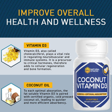 NATURAL STACKS Vitamin D3 5000 IU - 30 SOFTGELS. Vitamin D Pills for Immunity & Cell Growth - Coconut Oil Pills & Immune Support Vitamins - Vitamins Supplements for Rapid Absorption