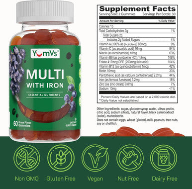 Yumvs Multivitamin Gummies With Iron - Grape Flavor - Vegetarian Kosher Multi Vitamins For Adults With Vitamin A C B6 B12 Biotin Zinc - No Calcium - Mens/Womens Multivitamin With Iron Gummy (60 Count)