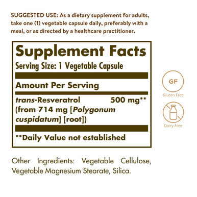 Solgar Resveratrol 500 Mg 30 Vegetable Capsules - Antioxidant Protection - Gluten Free Dairy Free - 30 Servings