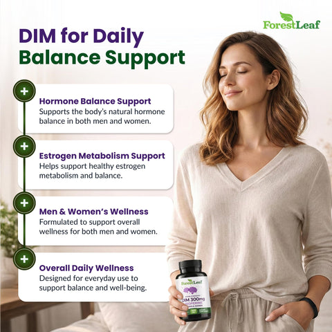 Forestleaf Dim Supplement - 300Mg Dim Estrogen Supplement For Women/Men - Diindolylmethane With Bioperine Black Pepper - Support For Detox Metabolism Hormone Balance & Menopause 90 Caps