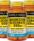 Mason Natural Magnesium Gluconate 550 mg - Healthy Heart and Nervous System, Improved Muscle Function and Blood Pressure Levels, 100 Tablets (Pack of 3)