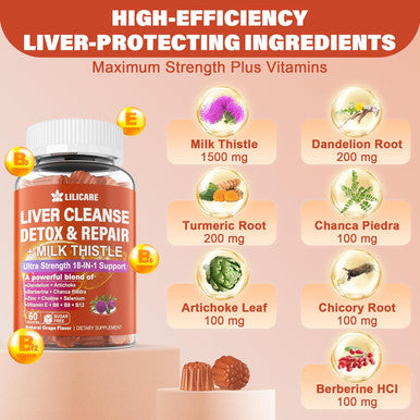 Liver Cleanse Detox & Repair Gummies With Milk Thistle 1500Mg, 18-In-1 Liver Health Supplement With Berberine, Turmeric, Artichoke, Dandelion, Chanca Piedra, Vitamins B6 B9 B12, Sugar (Pack Of 2)