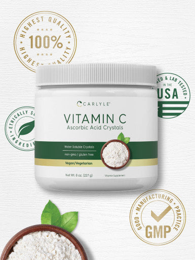 Carlyle Ascorbic Acid Powder | Vitamin C | 8 Ounces | Water Soluble Crystals | Vegan, Vegetarian, Non-Gmo And Gluten Free Supplem