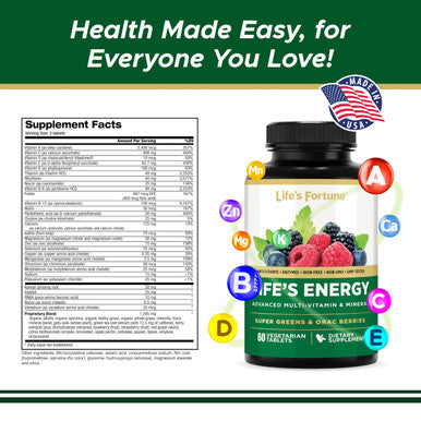 Life's Fortune Life's Energy Advanced Multi-Vitamin and Mineral for Men & Women Non-GMO - Super Greens - ORAC Berries - AntiOxidants - Enzymes - Iron Free - GMP Tested 60 Veggie Tablets