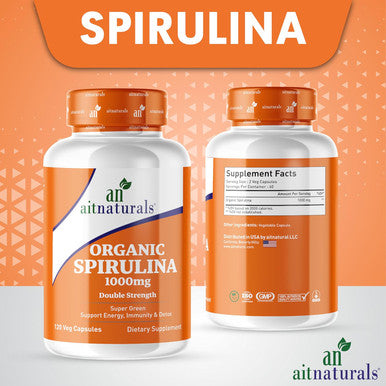 Aitnaturals Organic Spirulina 1000 mg (120 Capsules) | Boosts Immune Function Supports Liver Health Enhances Energy & Vitality Improves Gut Health Aids Detoxification Non-GMO Gluten Halal