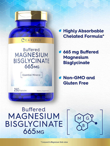 Buffered Magnesium Bisglycinate 665 mg | 250 Capsules | Chelated Essential Mineral | Non-GMO and Gluten Free Supplement | by Carlyle