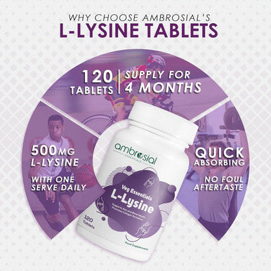 Ambrosial Ambrosial L-lysine | High Strength L-lysine tablets 500mg | Immune Support & Supports Collagen Synthesis | Essential Amino Acids for Active Lifestyle (Pack of 1-120 Tablets)