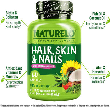 NATURELO Hair, Skin and Nails Vitamins - 5000 mcg Biotin, Collagen, Natural Vitamin E - Supplement for Healthy Skin, Hair Growth for Women and Men Ãƒâ€šÃ¢â‚¬â€œ 60 Capsules