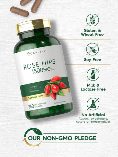 Rose Hips | 1500Mg | 240 Quick Release Capsules | Non-Gmo And Gluten Free Herbal Supplement | By Carlyle