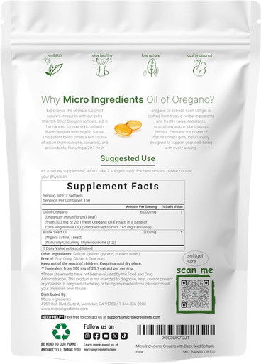 Micro Ingredients Oil of Oregano Softgels 6000mg Per Serving 300 Count | 2 in 1 Formulated with Black Seed Oil 200mg 4X Strength Carvacrol & Thymoquinone | Plant Based Non-GMO & Immune Support
